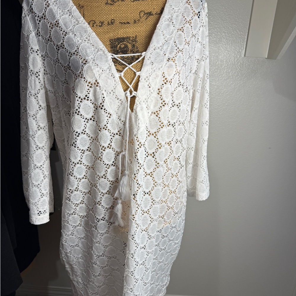 Kona Sol White Crochet Swim Coverup with Tassel Tie